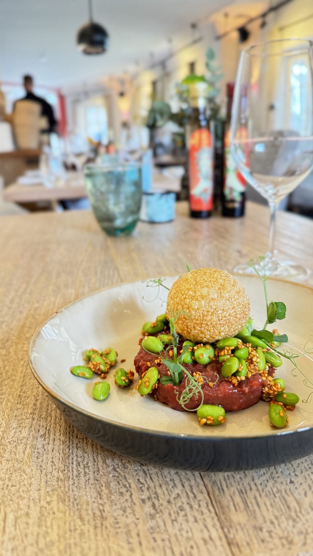 Appetiser at Restaurant Coast in Rantum "Korean" beef tartare with wasabi espuma, edamame and sesame seeds